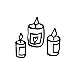 Three burning candles on a white background are isolated in a doodle style. Christmas candles for seasonal decor. Candles can be used for the design and decoration of shops, wrapping paper, bags,