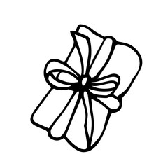A gift rewound with a ribbon with a bow and a twig of a Christmas tree. Line art, Doodle illustration of gift