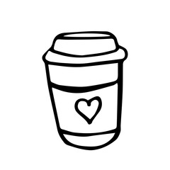 Cozy takeaway cup with coffee. Doodle drawn illustrations of a hot drink with a heart shaped pattern on the mug. Line art, hand drawn