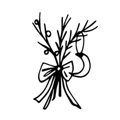 Christmas tree branches with a bow and doodle-style toys on a white background are isolated. Line art, hand drawn