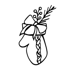 A Christmas glove with a bow and a Christmas tree twig. New Year's gift bag. Line art. Hand drawn
