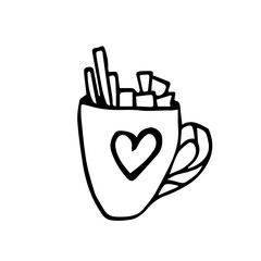 Cozy mug of cocoa. Doodle illustrations of hot chocolate with a heart pattern on a mug, lollipops and marshmallows. Line art, hand drawn
