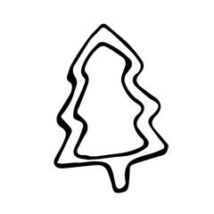 A cookie in the shape of a Christmas tree in a doodle style on a white background is isolated. Line art. Hand drawn