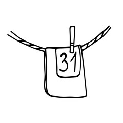 Doodle illustration of the advent calendar. The gift bag is hanging on a ribbon with a clothespin. December, 31st