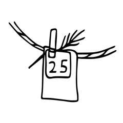 A doodle-drawn illustration for the Advent calendar. The gift bag is suspended on a ribbon with a clothespin. December 25