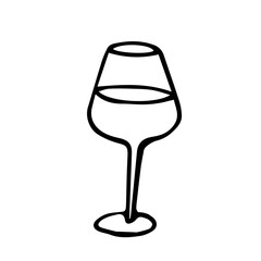 A glass of wine on a white background is isolated. A festive glass with a drink for decoration for the new year, Christmas. Line art. Hand drawn