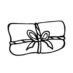 A gift rewound with a ribbon with a bow and a twig of a Christmas tree. Line art, Doodle illustration