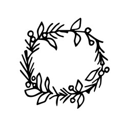 A Christmas wreath in muzzle style on a white background is isolated. New Year's wreath of Christmas tree branches, berries. Line art. Hand drawn