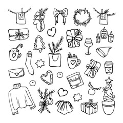 Doodle Christmas set.  New Year's collection of elements. Hand drawn illustration of Christmas. Line art