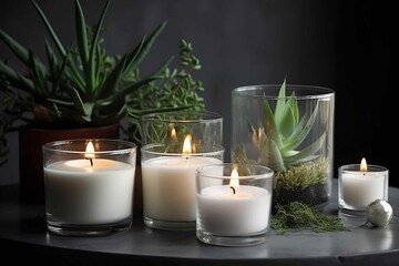 Obraz na płótnie Canvas Burning white scented candles in a glass on a table with plants nearby in a minimalist style generative AI technology