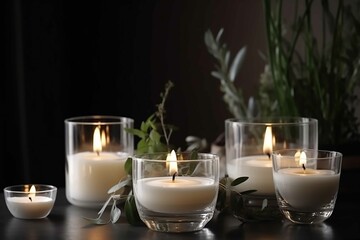 Burning white scented candles in a glass on a table with plants nearby in a minimalist style generative AI technology