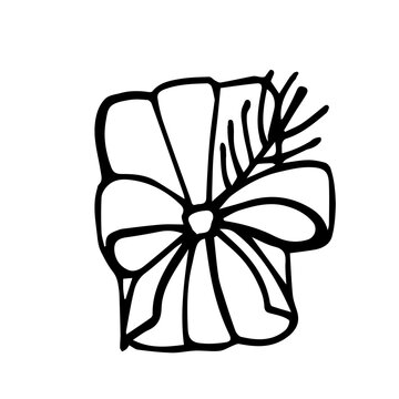 recommend clip art: A gift rewound with a ribbon with a bow and a twig of a Christmas tree. Line art, Doodle illustration