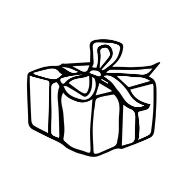recommend clip art: A gift rewound with a ribbon with a bow and a twig of a Christmas tree. Line art, Doodle illustration