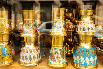 Traditional copper turkish and arabic turks for coffee brewing. Gifts and souvenirs
