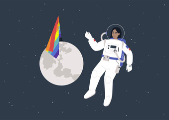 The concept of a safe space depicted with a young astronaut floating in the cosmos, alongside a rainbow flag planted on the moon