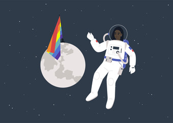The concept of a safe space depicted with a young astronaut floating in the cosmos, alongside a rainbow flag planted on the moon © nadia_snopek