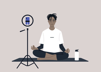 Young calm African character meditating in a lotus yoga pose, mindful lifestyle concept, an online workout scene