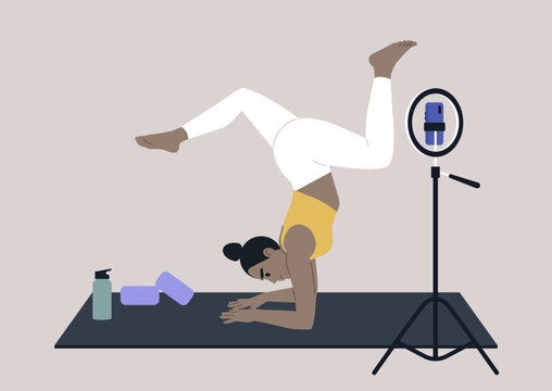 A young female character recording a yoga vinyasa workshop with a mobile phone on a tripod, a workout designed to improve strength, balance, and flexibility