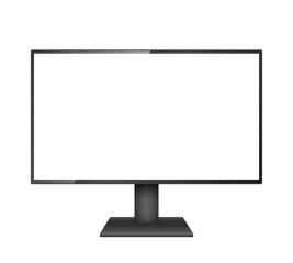 Computer monitor mockup. Pc template with blank screen. Black desktop isolated on white or transparent background.