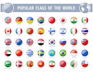 Popular flags of the world. Round Glossy Icons. Vector illustration. - obrazy, fototapety, plakaty