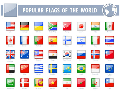 Popular flags of the world. Square Glossy Icons. Vector illustration.