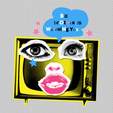Big brother is watching you - Watch TV Propaganda Poster halftone collage style with scraps of paper with the image of a TV, eyes and lips. 90s-00s retro vector illustration.