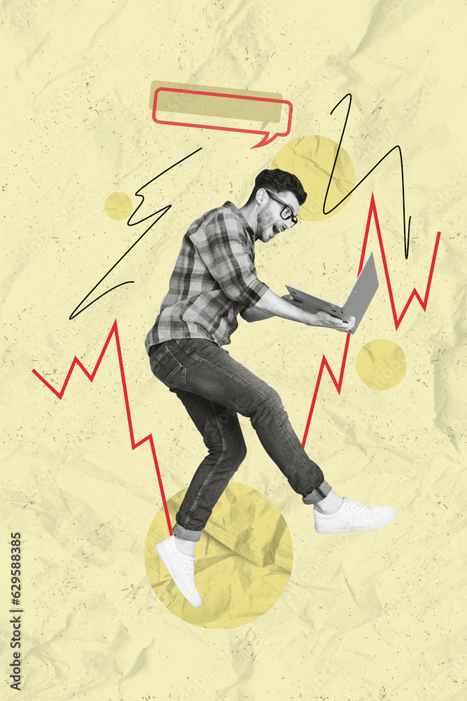 Aufkleber Vertical collage image of excited black white effect guy jump use netbook chatting dialogue bubble isolated on beige paper background