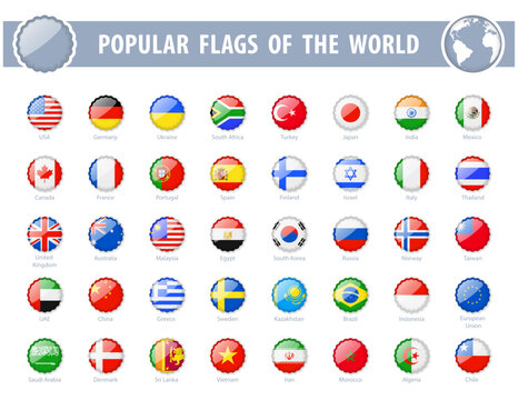 Popular flags of the world. Round Glossy Icons. Vector illustration.