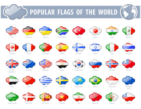 Popular flags of the world. Cloud Glossy Icons. Vector illustration.