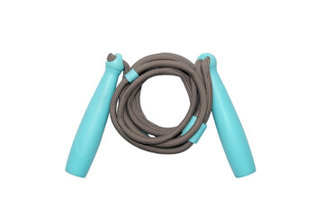 Sports jump rope isolated on transparent background. A gray children's jump rope with blue handles...