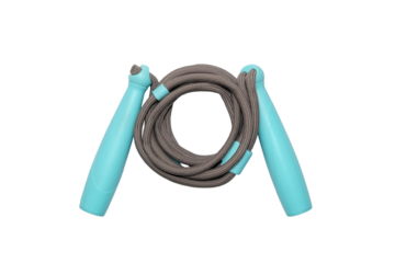 Sports jump rope isolated on transparent background. A gray children's jump rope with blue handles is isolated on a transparent background. PNG