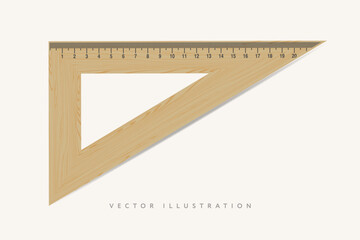Wooden triangle ruler. Measuring tool with ruler scale. School measuring equipment