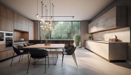 Fototapeta premium Kitchen in new luxury home with quartz waterfall island, hardwood floors, dark wood cabinets, and stainless steel appliances.