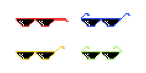 Vector Black and White Pixel Boss Glasses Icon Set in 8 bit Retro Style. Summer Meme Game Thug Design, Mafia Gangster Funky Sunglasses. Rap Music Design Element