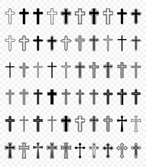 Flat Vector Black and White Christian Cross Icons. Line Silhouette Cut Out Black Christian Crosses Collection Isolated.