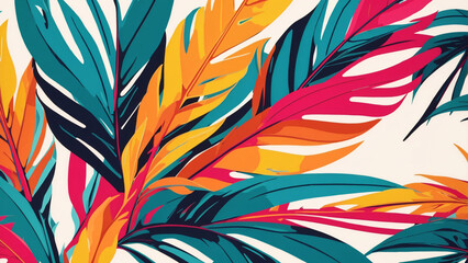 Seamless pattern with tropical leaves, illustration in flat style, green pink orange hues