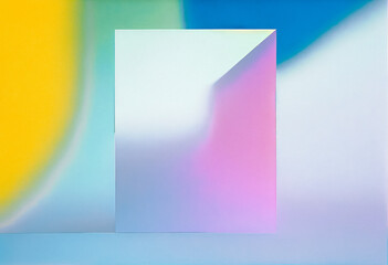 White square on a colorful gradient background. Abstract image with a soft and dreamy feel. Blue, yellow and pink colors with a shadow on the right.