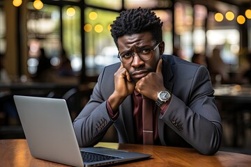 Depressed black afro american man working on laptop. Crisis and bankruptcy. Generative AI