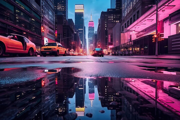 On a rainy night, witness the mesmerizing reflection of the city skyline in a puddle, accompanied by shimmering neon lights in the water.