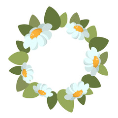 Fototapeta premium Chamomile flower wreath isolated on white background vector illustration. Midsummer holiday background concept. Blue flowers.