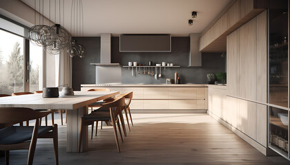 Fototapeta premium Kitchen in new luxury home with quartz waterfall island, hardwood floors, dark wood cabinets, and stainless steel appliances.