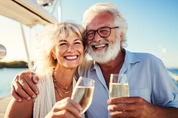 Senior couple holding champagne on a sailboat vacation