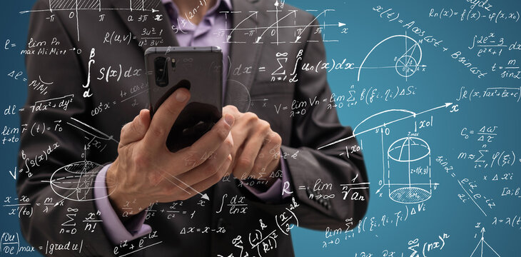 mathematicians concept. Handsome man thinking on blue background, graphic image idea, man mathematicians are calculating with technology smartphone in a financial company 