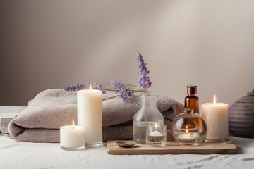 Fototapeta na wymiar Spa or massage accessory composition set in a spa hotel or beauty wellness center . Beauty spa treatment set with candles and flowers against light pastel background.