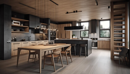 Kitchen in new luxury home with quartz waterfall island, hardwood floors, dark wood cabinets, and stainless steel appliances.