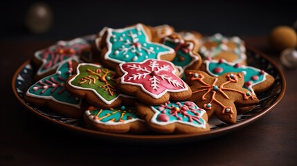 Fototapeta premium close-up of a plate of freshly baked gingerbread cookies decorated with festive colorful icing, Christmas treats