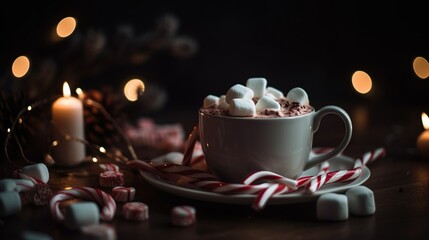 Fototapeta na wymiar close-up a cup of hot cocoa with marshmallows and a candy cane on a bokeh background