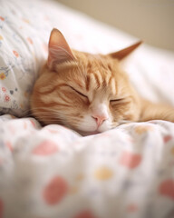 Fototapeta na wymiar The cat sleeps in bed under a blanket. Sleeping cat. Cute ginger cat resting in bed. 