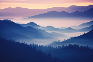 Mountain silhouettes in the fog