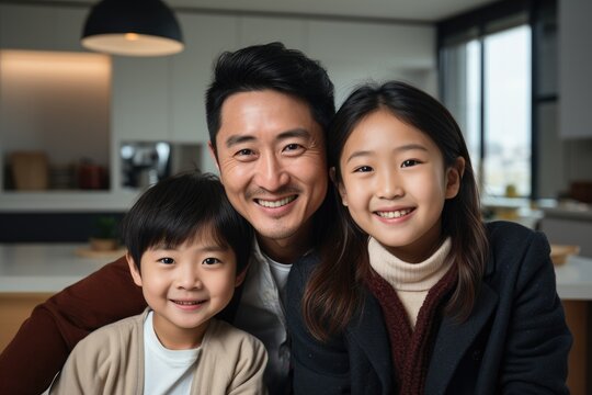 Portrait of diverse ethnic families inside their apartment - Happy - Created with generative ai Technology